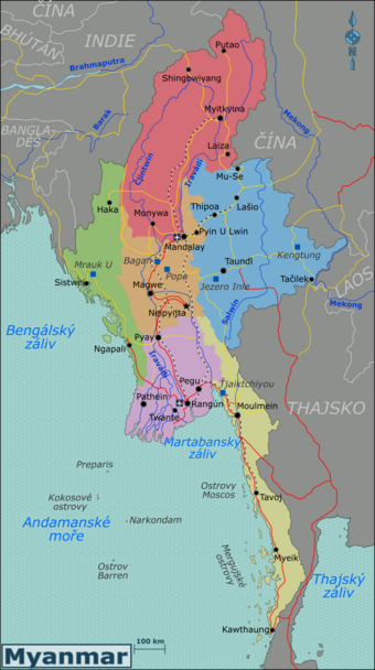 Mapa regionů Myanmaru