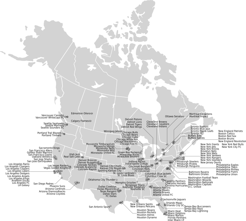 Location of the franchises (teams) of the big five leagues in United States and Canada. NA Five Big Sports Franchises Names.svg