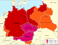 德国于1933年至1943年的领土扩张。红色：1933年；紫色：1939年；橙色：1943年（摘自納粹德國）