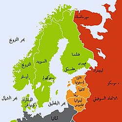 Map of the Northern Europe where Finland, Sweden, Norway and Denmark are tagged as neutral countries. The Soviet Union has military bases in Estonia, Latvia and Lithuania.