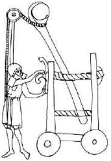 The earliest known medieval illustration of a torsion engine (onager), from Walter de Milemete's De nobilitatibus, sapientiis, et prudentiis regum, 1326 Onager from Water de Walter de Milemete's De nobilitatibus, sapientiis, et prudentiis regum.png