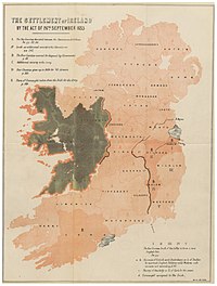 After Cromwell's victory, huge areas of land were confiscated and the Irish Catholics were banished to the lands of Connacht. PRENDERGAST(1870) p 415 Map of the Settlement of Ireland by the Act of 26th September, 1653.jpg