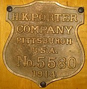 H. K. Porter Company builder's plate, 1914