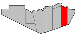 Location within Restigouche County. Heron Island erroneously shown as part of Durham Parish.