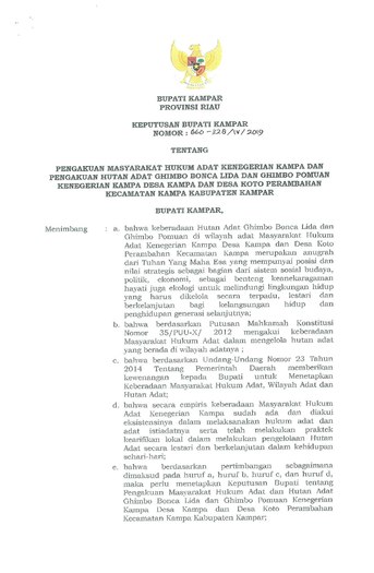 Surat Keputusan Bupati Kampar Nomor 660-328/IV/2019 tentang Pengakuan Masyarakat Hukum Adat Kenegerian Kampa dan Pengakuan Hutan Adat Ghimbo Bonca Lido dan Ghimbo Pomuan Kenegerian Kampa Desa Kampa dan Desa Koto Perambahan Kecamatan Kampa Kabupaten Kampar