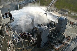 Sound suppression water system test at KSC Launch Pad 39A