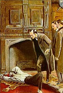 Холмс вивчає тіло сера Юстаса, оповідання — «Убивство в Еббі-Грейндж»