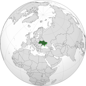 Украина на карте мира. Светло-зелёным выделены неконтролируемые (по украинскому законодательству — временно оккупированные) территории; контроль указан по состоянию на 23 февраля 2022 года