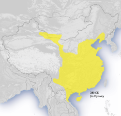 Dinasti Jin (kuning) pada puncak kejayaannya, sekitar tahun 280, selama periode Dinasti Jin Barat
