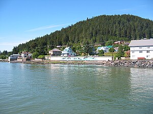 Mount Dewey rising behind Wrangell, Alaska. Ta...