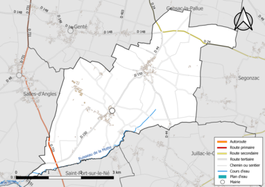 Carte en couleur présentant le réseau hydrographique de la commune