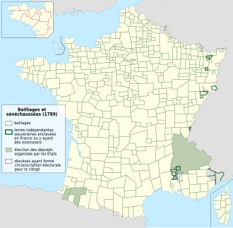 Carte représentant avec différents traits et couleurs les limites des bailliages et sénéchaussées et leur statut