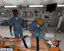 3DiTeams learner is percussing the patient's chest in virtual field hospital. 3DiTeams percuss chest.JPG