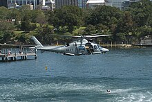 An Australian AW109E during a rescue demonstration, 2008 723squadron Augusta recovery.jpg