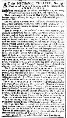 Early example of the term androides used to describe human-like mechanical devices, London Times, 22 December 1795 Android Times Tue Dec 22 1795.jpg