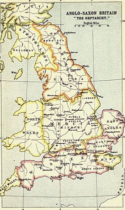 The penultimate set of Anglo-Saxon Kingdoms was fivefold. The map annotates the names of the peoples of Essex and Sussex taken into the Kingdom of Wessex, which later took in the Kingdom of Kent and became the senior dynasty, and the outlier kingdoms. From Bartholomew's A literary & historical atlas of Europe (1914) Anglo-Saxon Heptarchy.jpg