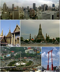 A composite image, the top row showing a skyline with several skyscrapers; the second row shows, on the left, a Thai temple complex, and on the right, a temple with a large stupa surrounded by four smaller ones on a river bank; and the third rowing showing, on the left, a monument featuring bronze figures standing around the base of an obelisk, surrounded by a large traffic circle, with an elevated rail line passing in the foreground, and on the right, a tall gate-like structure, painted in red