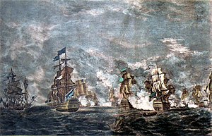 картина маслом, изображающая сражение нескольких военных кораблей 18-го века. Британский флагман HMS Namur