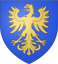 Wappen mit einem gelben Adler, der seine Flügel und Fänge zu allen Ecken ausstreckt. Der Untergrund ist blau.