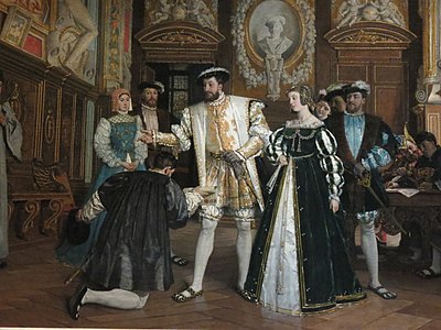 François Ier confère à Rosso les titres et les bénéfices de l'abbaye de Saint-Martin, en récompense de ses travaux de décoration au palais de Fontainebleau (1865), huile sur toile, Musée de Blois
