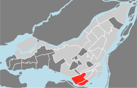 Location of LaSalle on the Island of Montreal.  (Grey areas indicate demerged municipalities).