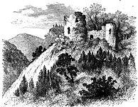 Engraving of a small ruined castle on top of a steep hill