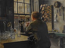 A painting of a man sat at a workbench near a window.