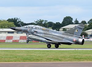 Dassault Aviation Mirage 2000N (code 375) of the French Air Force arrives Fairford 7Jul2016 arp.jpg