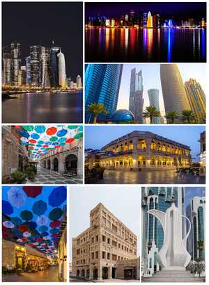Saka ndhuwur: Universitas Qatar, Musiam Kesenian Islam, Doha Skyline, Souq Waqif, The Pearl