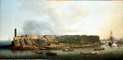 Dominic Serres the Elder - The Capture of Havana, 1762- The Morro Castle and the Boom Defence Before the Attack.jpg