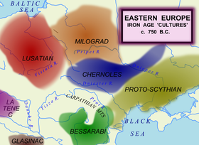 Archaeological cultures c. 750 BC at the start of Eastern-Central Europe's Iron Age; the Proto-Scythian culture borders the Balto-Slavic cultures (Lusatian, Milograd and Chernoles) Eastern and Central Europe around 750 BC.png