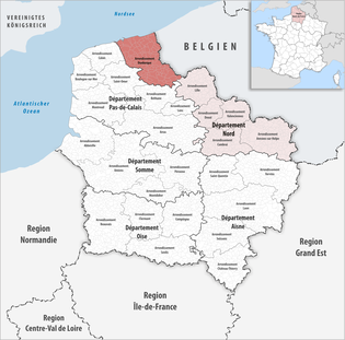 敦刻尔克区在上法蘭西大區与北部省的位置