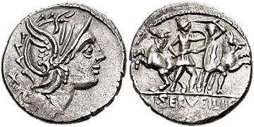 Denarius of Marcus Servilius, circa 100 BC. On the obverse is Roma. The reverse shows the duellists on foot, with their horses in the background.[11]
