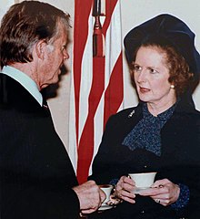 Carter with Thatcher having tea at the White House during her 1979 visit to the United States Margaret Thatcher visiting Jimmy Carter.jpg