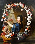 Jean-Baptiste Belin de Fontenay & Antoine Coypel: Marie-Madeleine de La Vieuville (1693-1755), Comtesse de Parabère, beim Knüpfen einer Blumengirlande, ca. 1680–90, Öl auf Leinwand, Musée des Beaux-Arts, Caen