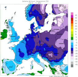 Tiefsttemperatur Europa, 5.–11. Februar (lila < –20 °C)