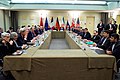 The ministers of foreign affairs of the United States, the United Kingdom, Russia, Germany, France, China, the European Union and Iran in the "Salle forum" (30 March 2015).