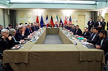 The ministers of foreign affairs of the United States, the United Kingdom, Russia, Germany, France, China, the European Union and Iran (Lausanne, 30 March 2015). Negotiations about Iranian Nuclear Program - Foreign Ministers and other Officials of P5+1 Iran and EU in Lausanne.jpg