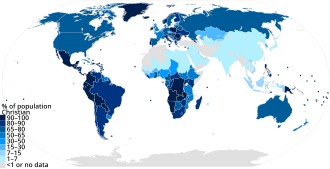 Christianity - Percentage of population by country (2010 data) Christianity percent population in each nation World Map Christian data by Pew Research.svg