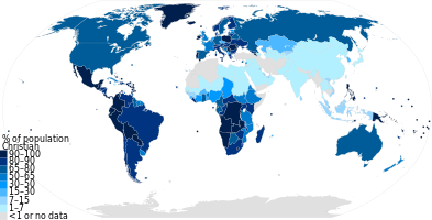 Christianity percent population in each nation World Map Christian data by Pew Research.svg