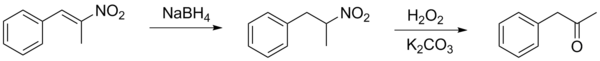 Восстановление фенил-2-нитропропена до фенилацетона борогидридом натрия.