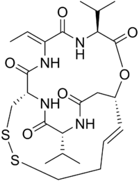 Skeletal formula of (1S,4S,7Z,10S,16E,21R)-7-ethylidene-4,21-diisopropyl-2-oxa-12,13-dithia-5,8,20,23-tetrazabicyclo[8.7.6]tricos-16-ene-3,6,9,19,22-pentone