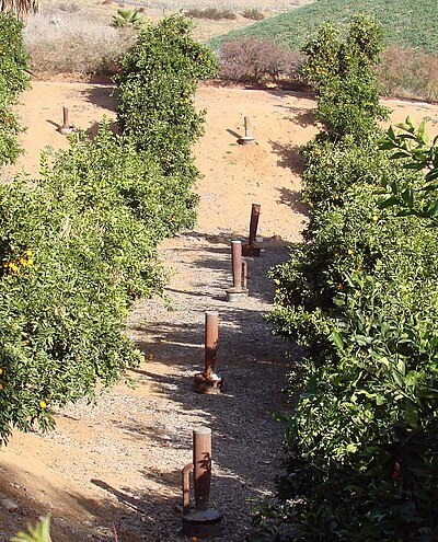 Old-fashioned smudge pots in an orange grove in California Smudge Pots, Redlands, CA 1-2012 (6808113093).jpg