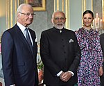 Kungen och kronprinsessan Victoria tar emot Indiens premiärminister Narendra Modi på Stockholms slott 2018.