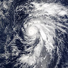 A satellite image of a typhoon just outside of the Central Pacific basin limits
