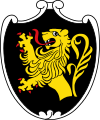 In Schwarz ein halber, rot bewehrter goldener Löwe im Wappen von Bad Tölz