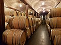 Wine barrels in the underground winery of Casajús.