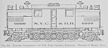 A line-drawing of the side view of a New York S-motor. The drawing is partially sectioned, show the four bipolar motors with their field coils in the horizontal plane, allowing the motor armature mounted directly on the axle to move up and down with the suspension.
