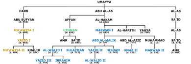 A schematic diagram of the Umayyad ruling family with caliphs highlighted in blue, green and dark yellow