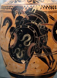 Ajax carrying the body of Achilles. Attic black-figure lekythos, ca. 510 BC. From Sicily.